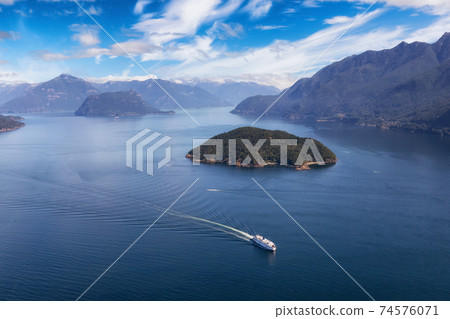 Aerial view of a ferry boat traveling in Howe Sound 74576071