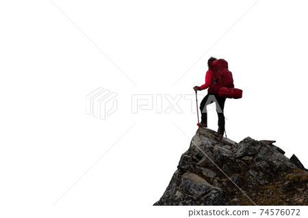 Adventurous Girl Hiker With Hands Up on top of a Steep Rocky Cliff Adventurous Girl Hiker With Hands Up on top of a Steep Rocky Cliff 74576072