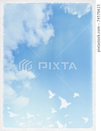 A blue sky and a flock of birds drawn with a hand-painted watercolor touch. A blue sky and a flock of birds drawn with a hand-painted watercolor touch. 74576615