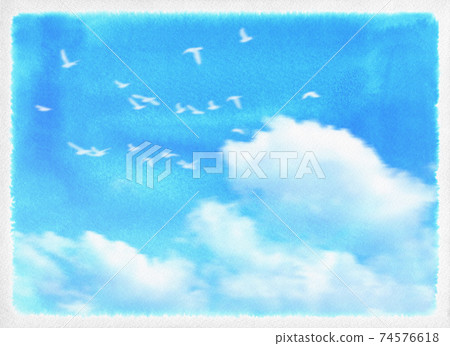 A blue sky drawn with a hand-painted watercolor touch and a flock of white doves. A blue sky drawn with a hand-painted watercolor touch and a flock of white doves. 74576618