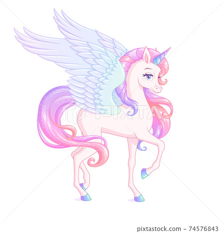 Beautiful winged unicorn with pink mane. Vector - Stock