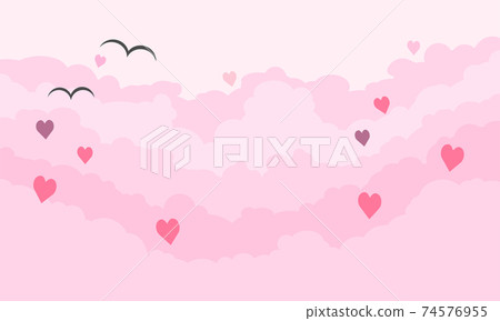 Soft clouds in pink sky with hearts and birds, cloud love background, vector 74576955