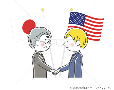 Illustration of Japanese and American politicians shaking hands 74577069
