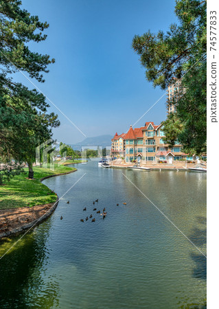 Ducks in front of luxury residential area with boat pier at the entrance Ducks in front of luxury residential area with boat pier at the entrance 74577833