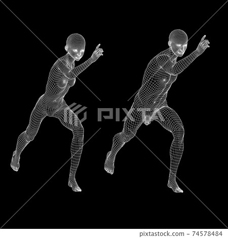 Wireframe black background men and women nude... - Stock Illustration