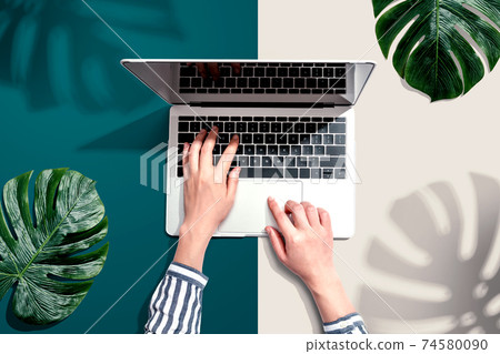 Person using a laptop computer with tropical leaves Person using a laptop computer with tropical leaves 74580090