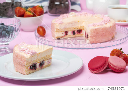 Homemade cream layer biscuit cake with strawberry 74581971