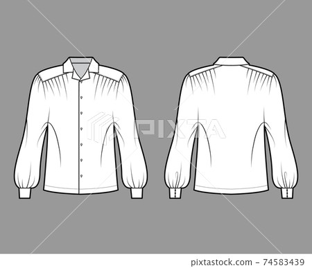 Gaucho blouse technical fashion illustration with dolman puff long sleeves, open collar, oversized, button up. Flat Gaucho blouse technical fashion illustration with dolman puff long sleeves, open collar, oversized, button up. Flat 74583439