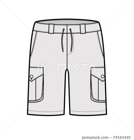 Short cargo technical fashion illustration with mid-thigh length, low waist, rise, slashed, bellows pocket. Flat Bermuda 74583495