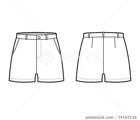 Short pants technical fashion illustration with mid-thigh length, low waist, rise, slashed pocket. Flat bottom apparel  74583516