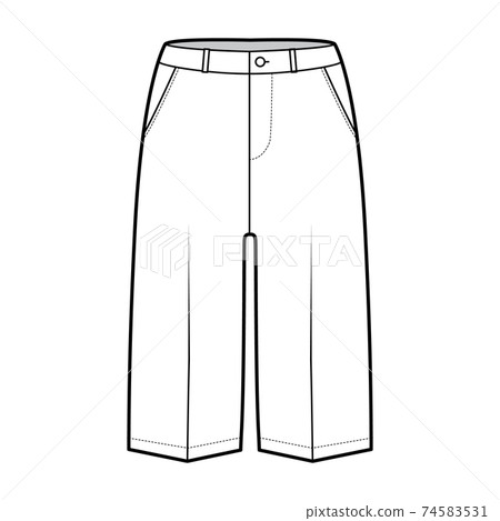 Short Bermuda pants technical fashion illustration with knee length, low waist, rise, slashed pocket. Flat walking 74583531