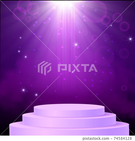 Purple spotlight. Bright lighting with spotlights of the stage with purple dust and cylinder podium. Purple spotlight. Bright lighting with spotlights of the stage with purple dust and cylinder podium. 74584128
