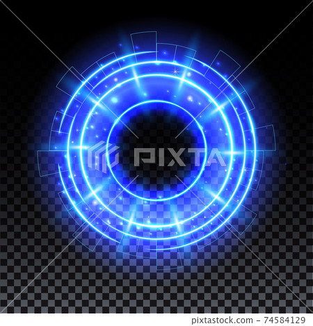 Blue hologram portal. Magic fantasy portal. Magic circle with halo effect. Vector blue glow scifi teleport with sparks and hologram, technology background. Blue hologram portal. Magic fantasy portal. Magic circle with halo effect. Vector blue glow scifi teleport with sparks and hologram, technology background. 74584129
