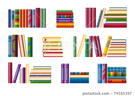 Shelves with book piles. Big set for bookstore shelves in cartoon style. Vector illustration 74585397