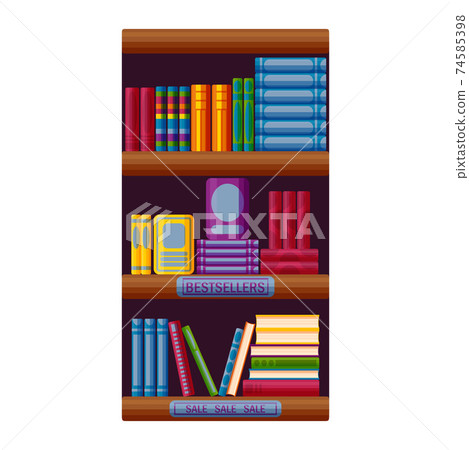 Bookshop rack with bestsellers and sale options. Bookstore shelf in cartoon style. Vector illustration 74585398