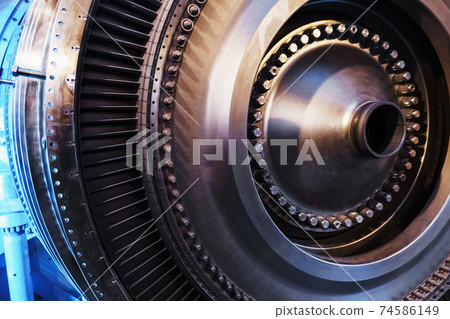 A rotor disc with blades of a turbojet gas turbine engine, inside view. A rotor disc with blades of a turbojet gas turbine engine, inside view. 74586149