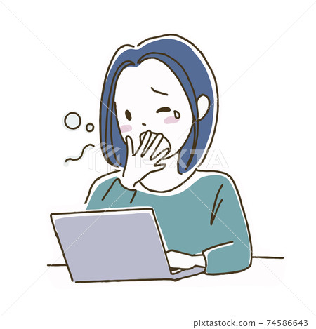 Illustration of a woman who is a little sleep deprived the next day due to lack of sleep 74586643