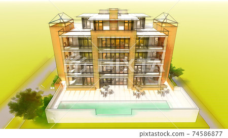 Small functional condominium with its own enclosed area, garage and swimming pool. Area with umbrellas for relaxing in warm weather. Summer Sunny day with small clouds. 3d illustration in hand-drawn 74586877