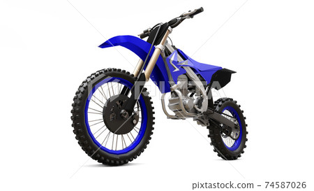 Blue and black sport bike for cross-country on a white background. Racing Sportbike. Modern Supercross Motocross Dirt Bike. 3D Rendering. 74587026