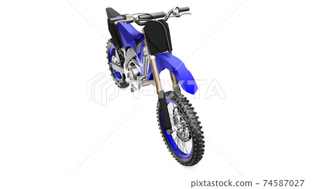 Blue and black sport bike for cross-country on a white background. Racing Sportbike. Modern Supercross Motocross Dirt Bike. 3D Rendering. 74587027