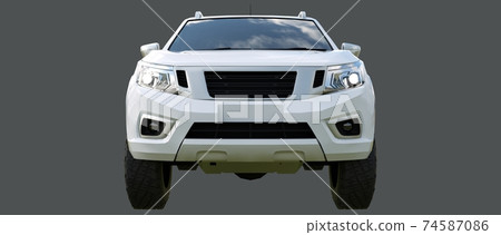 White commercial vehicle delivery truck with a double cab. Machine without insignia with a clean empty body to accommodate your logos and labels. 3d rendering. White commercial vehicle delivery truck with a double cab. Machine without insignia with a clean empty body to accommodate your logos and labels. 3d rendering. 74587086