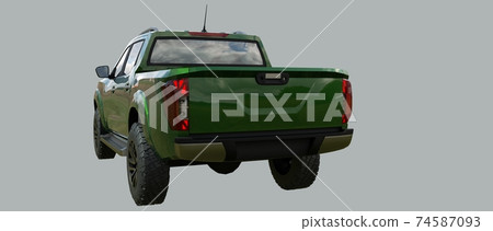 Green commercial vehicle delivery truck with a double cab. Machine without insignia with a clean empty body to accommodate your logos and labels. 3d rendering. Green commercial vehicle delivery truck with a double cab. Machine without insignia with a clean empty body to accommodate your logos and labels. 3d rendering. 74587093