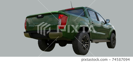 Green commercial vehicle delivery truck with a double cab. Machine without insignia with a clean empty body to accommodate your logos and labels. 3d rendering. Green commercial vehicle delivery truck with a double cab. Machine without insignia with a clean empty body to accommodate your logos and labels. 3d rendering. 74587094