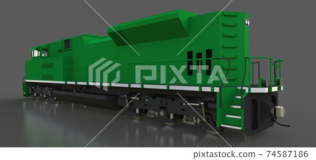 Modern green diesel railway locomotive with great power and strength for moving long and heavy railroad train. 3d rendering. 74587186