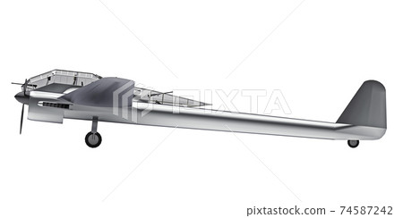 Three-dimensional model of the bomber aircraft of the second world war. A large glass cabin with machine guns on the sides of the hull. Shiny gray airplane on a white background. 3d illustration. 74587242