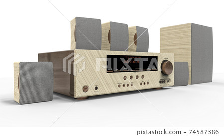 DVD receiver and home theater system with speakers and subwoofer made of painted metal and light wood. 3d illustration. 74587386