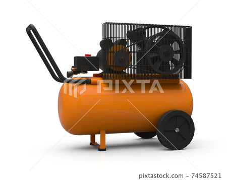 Orange horizontal air compressor isolated on a white background. 3d illustration. Orange horizontal air compressor isolated on a white background. 3d illustration. 74587521