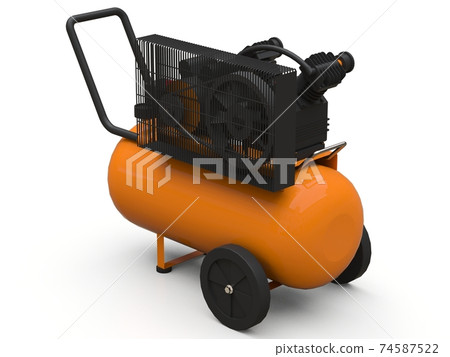 Orange horizontal air compressor isolated on a white background. 3d illustration. Orange horizontal air compressor isolated on a white background. 3d illustration. 74587522