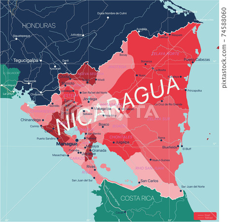 Nicaragua country detailed editable map 74588060