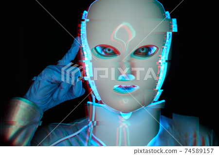 Portrait of futuristic robot. Image with glitch effect. Portrait of futuristic robot. Image with glitch effect. 74589157