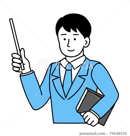 Business person with pointer and paperwork 74589535
