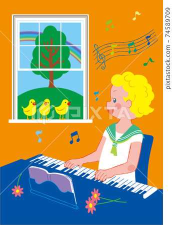 A child is singing a song while playing the piano with a little bird A child is singing a song while playing the piano with a little bird 74589709