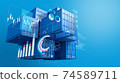 Stack of blue containers box with digital graph chart, import export business, 3d rendering 74589711