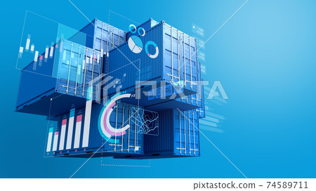 Stack of blue containers box with digital graph chart, import export business, 3d rendering Stack of blue containers box with digital graph chart, import export business, 3d rendering 74589711