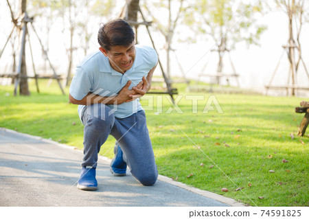 asian elderly or senior man accident falling down touching chest having painful. asian elderly or senior man accident falling down touching chest having painful. 74591825