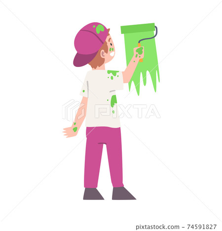 Little Boy in Baseball Cap Holding Paint Roller and Coloring Wall Vector Illustration Little Boy in Baseball Cap Holding Paint Roller and Coloring Wall Vector Illustration 74591827