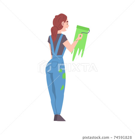 Female Coloring Wall with Paint Roller Vector Illustration 74591828