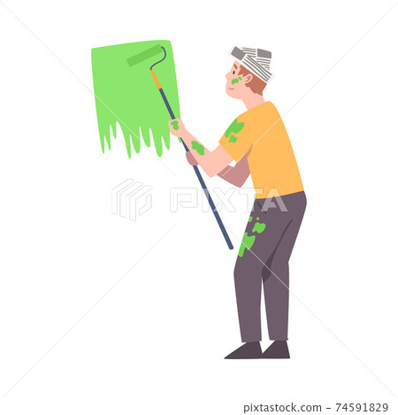 Male Coloring Wall with Paint Roller Vector Illustration 74591829