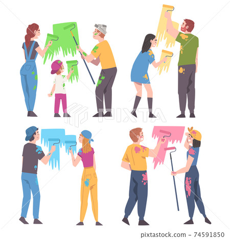 Young Family with Kid Holding Paint Roller Making Repair and Home Renovation Vector Set Young Family with Kid Holding Paint Roller Making Repair and Home Renovation Vector Set 74591850
