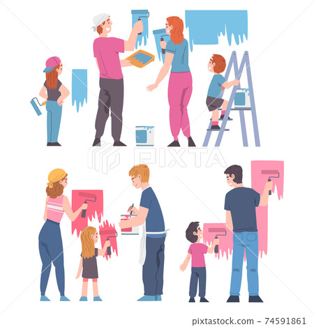 Young Family with Kid Holding Paint Roller Making Repair and Home Renovation Vector Set 74591861