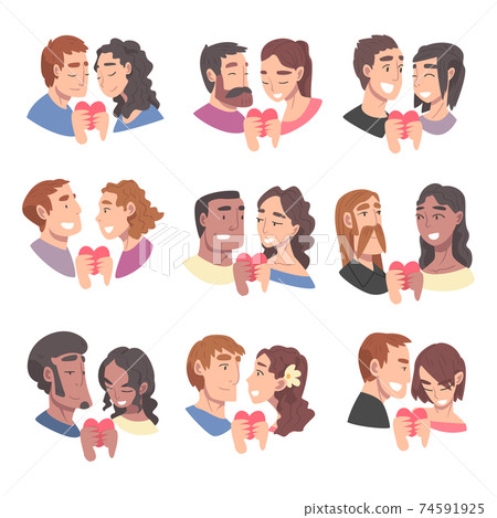 Couples of Male and Female in Love Holding Heart Vector Illustration Set Couples of Male and Female in Love Holding Heart Vector Illustration Set 74591925