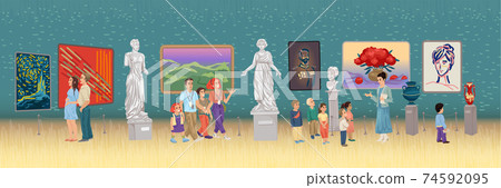 Museum gallery, people tourists visiting exhibits, paintings and statues, children and people watching the sights, guided tour, listening audio guide. Vector illustration Museum gallery, people tourists visiting exhibits, paintings and statues, children and people watching the sights, guided tour, listening audio guide. Vector illustration 74592095