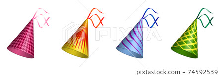 set of striped festive cone caps. Hats for holidays and birthday. Carnival clothing. Vector set of striped festive cone caps. Hats for holidays and birthday. Carnival clothing. Vector 74592539