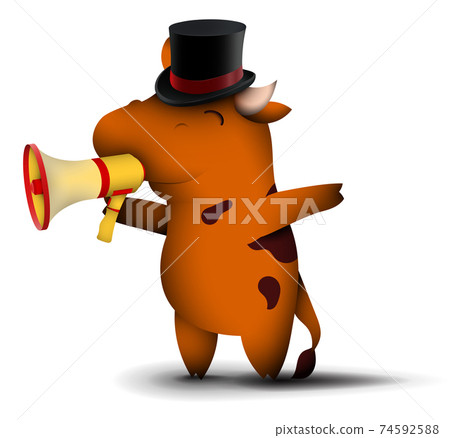 happy little bull in top hat, symbol of 2021 in Chinese calendar with happy smile on face. Speaking into megaphone, New Year sale. Funny animals. Vector happy little bull in top hat, symbol of 2021 in Chinese calendar with happy smile on face. Speaking into megaphone, New Year sale. Funny animals. Vector 74592588