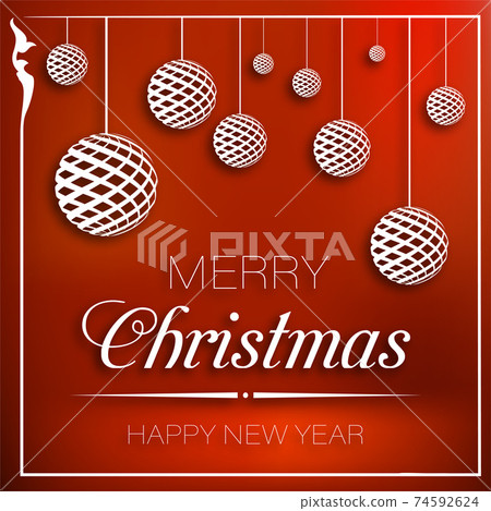Square flyer with paper Christmas balls. Festive background for greeting card, New Year web baner. Bright volumetric vector Square flyer with paper Christmas balls. Festive background for greeting card, New Year web baner. Bright volumetric vector 74592624