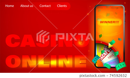 Online casino in realistic smartphone. Roulette game, wheel of fortune. Sports betting. Online game winner, jackpot. Horizontal web banner design concepts. Vector illustration 74592632